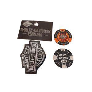 Lot of 3 Harley Davidson 2.75"x2" Studded Patch & 2 Poker Chip Key Fobs Vintage